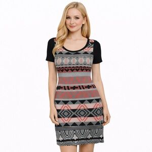 Boho Black Coral Gray Aztec Print Sweater Dress Small